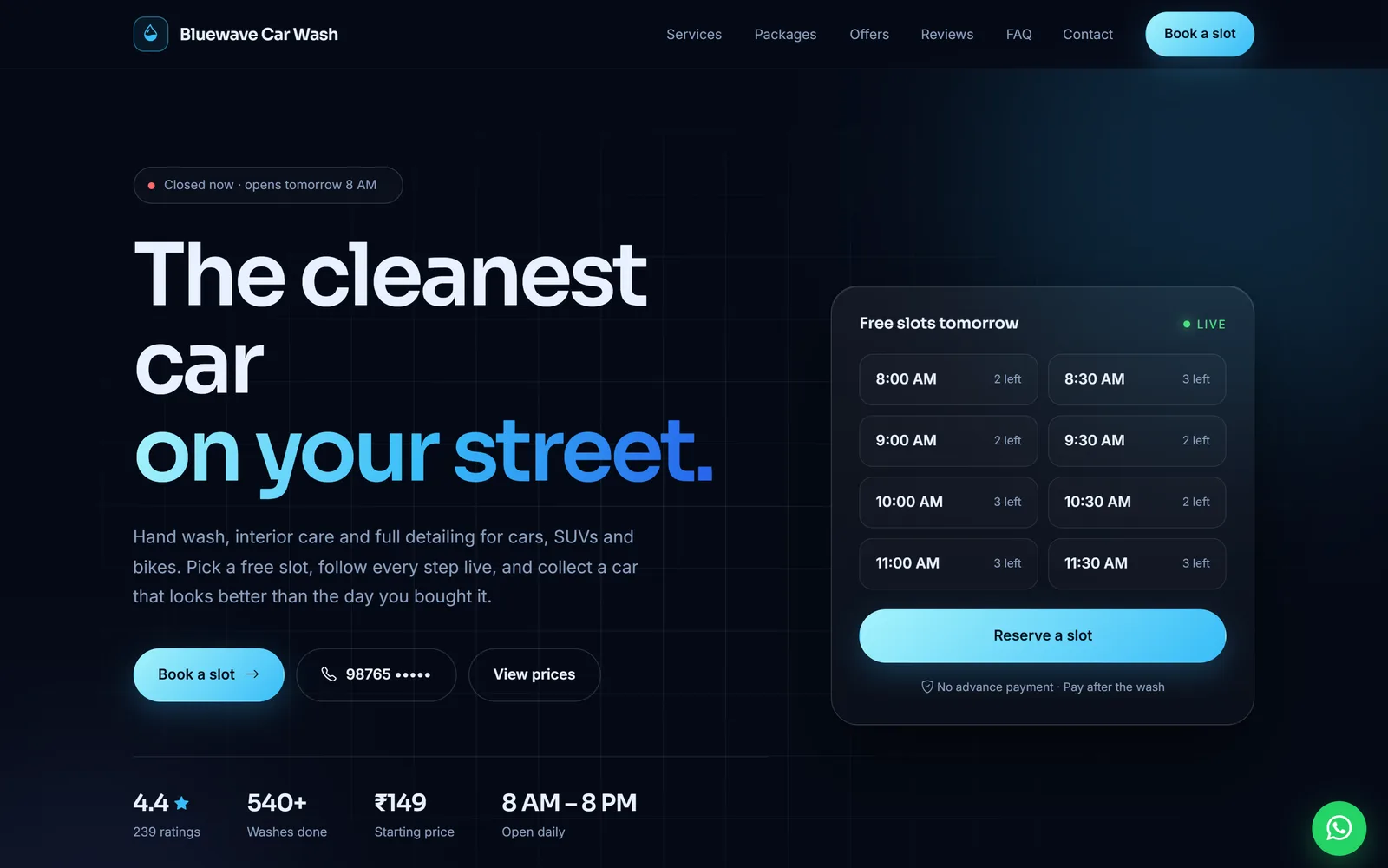 Car wash booking website with an open-or-closed badge, headline, free slots for tomorrow and ratings