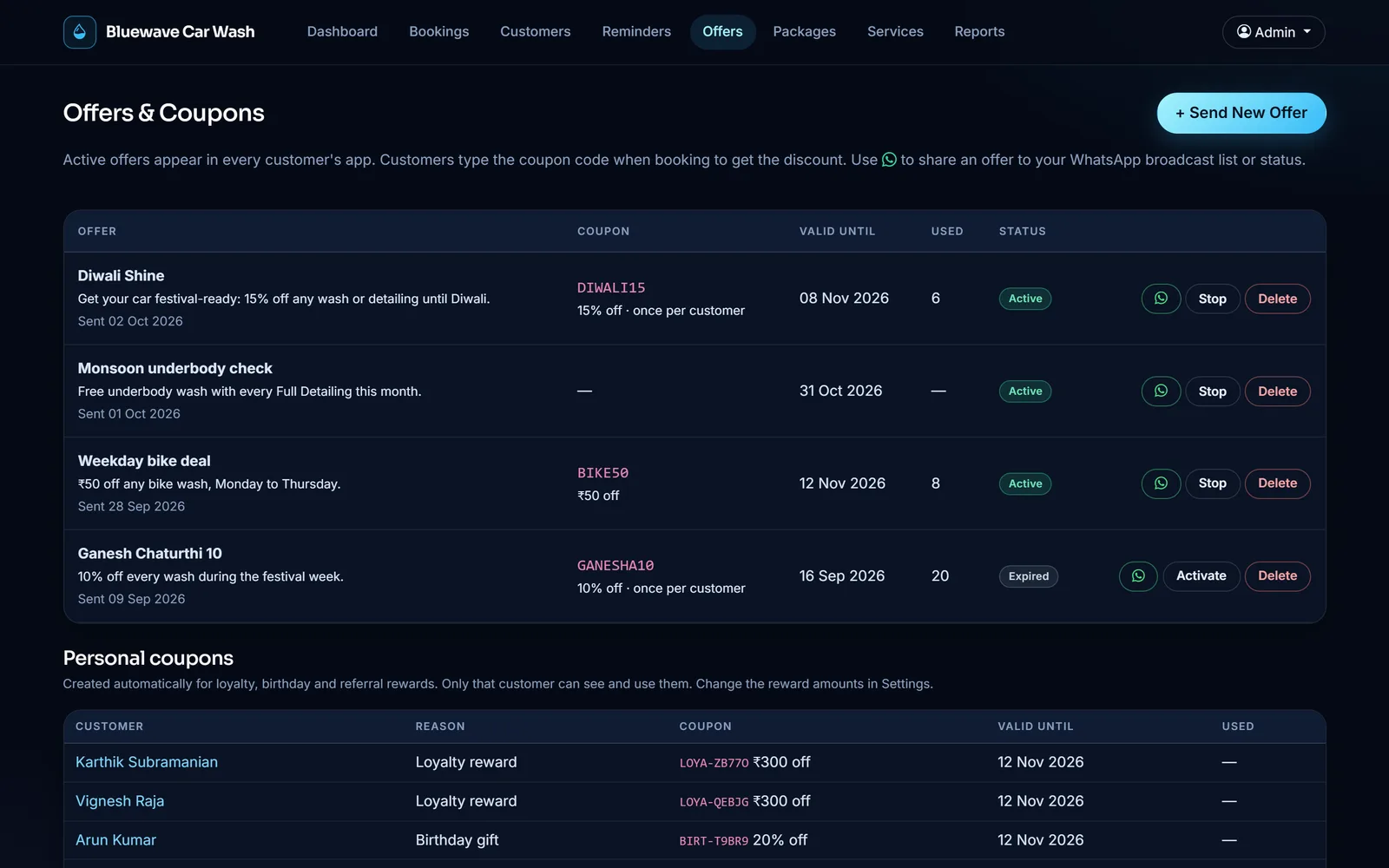 Offers and coupons list with active and expired offers, coupon codes, usage and personal reward coupons