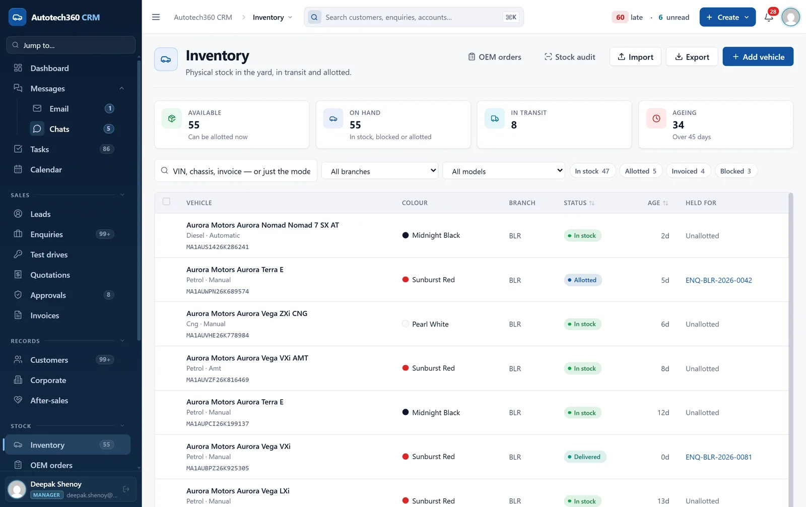 Vehicle inventory with available, on-hand, in-transit and ageing counts and each car's VIN, colour, status and allotment