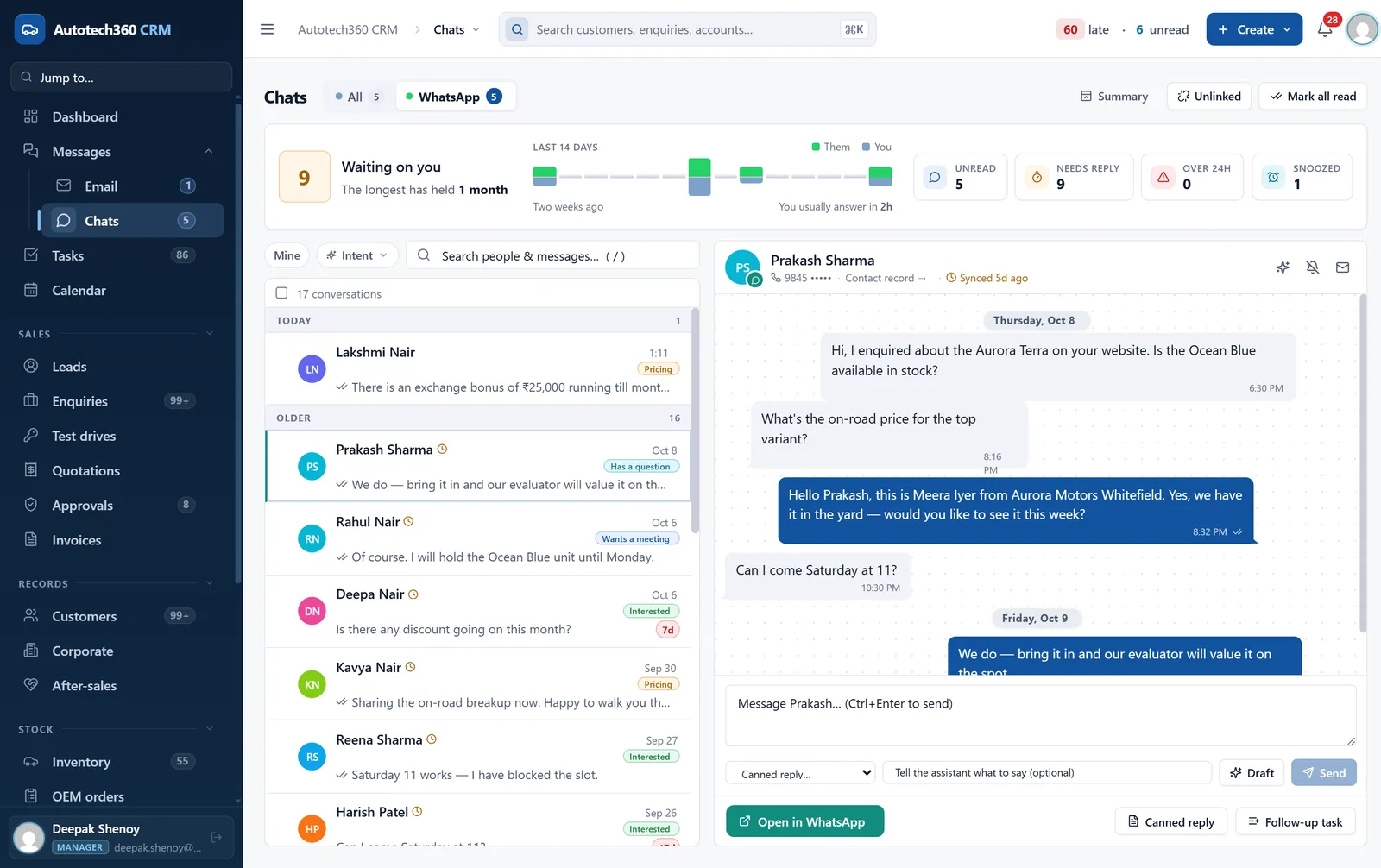 WhatsApp inbox with conversations tagged by intent and an open thread with a customer