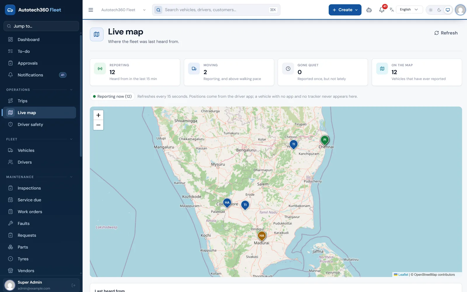 Live map of southern India with every reporting vehicle and counts of vehicles reporting, moving and gone quiet
