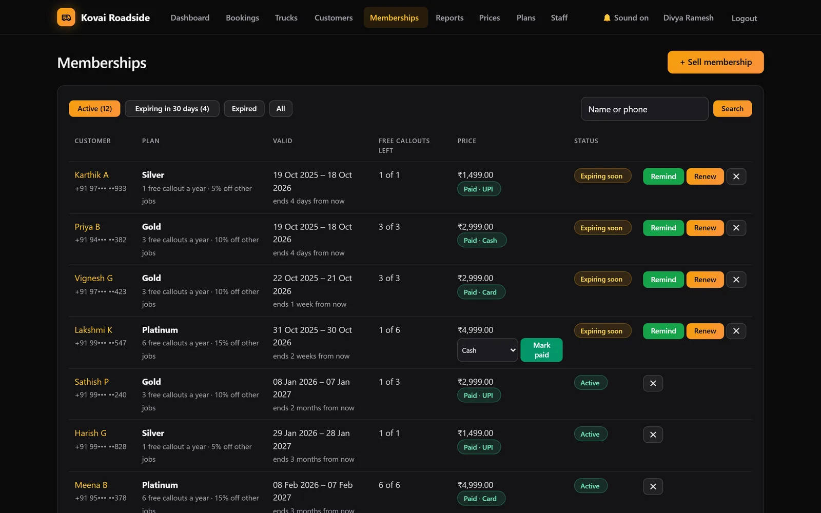 Memberships list with Silver, Gold and Platinum plans, free callouts left, payment status and remind and renew buttons for expiring members